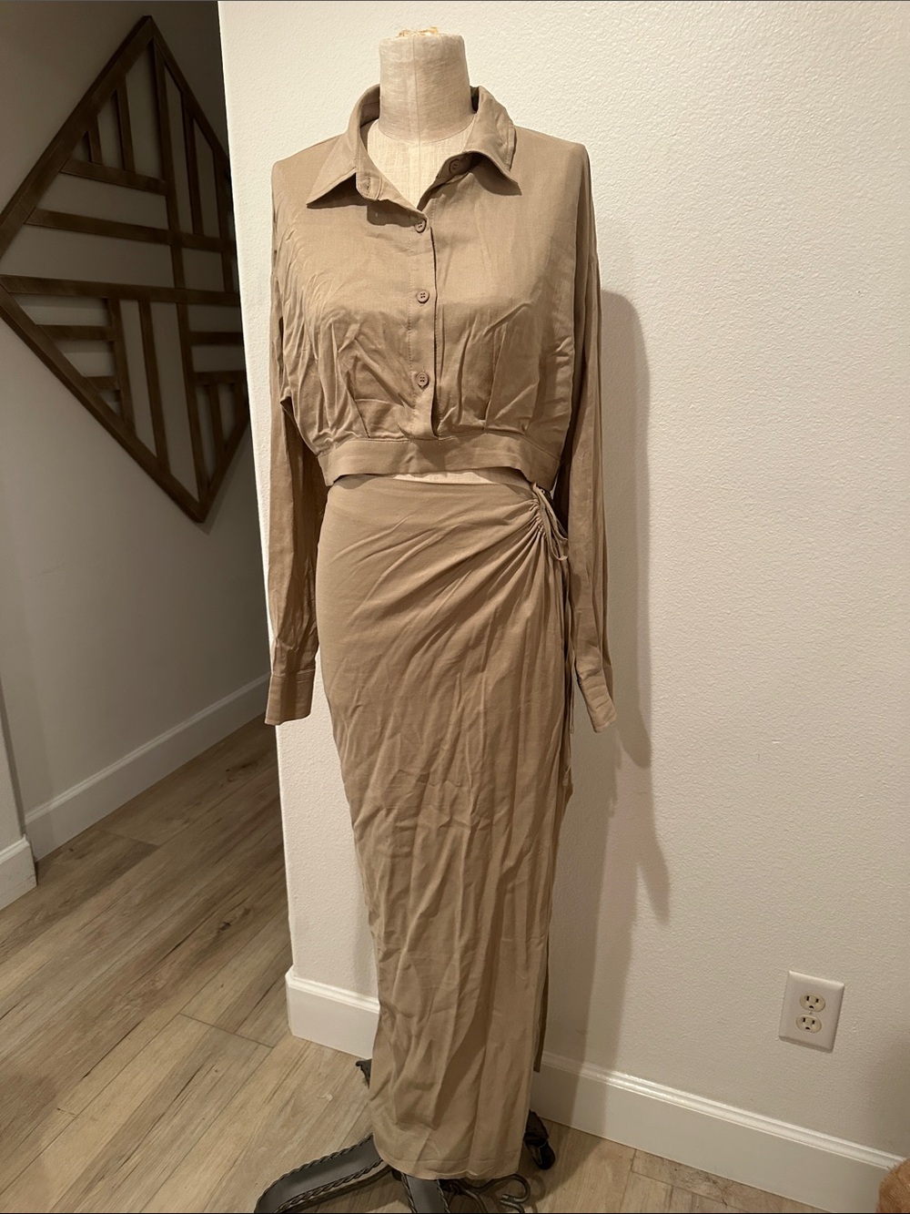 NWOT Elegant Tan Maxi Wrap Skirt Dress with Collared Bodice